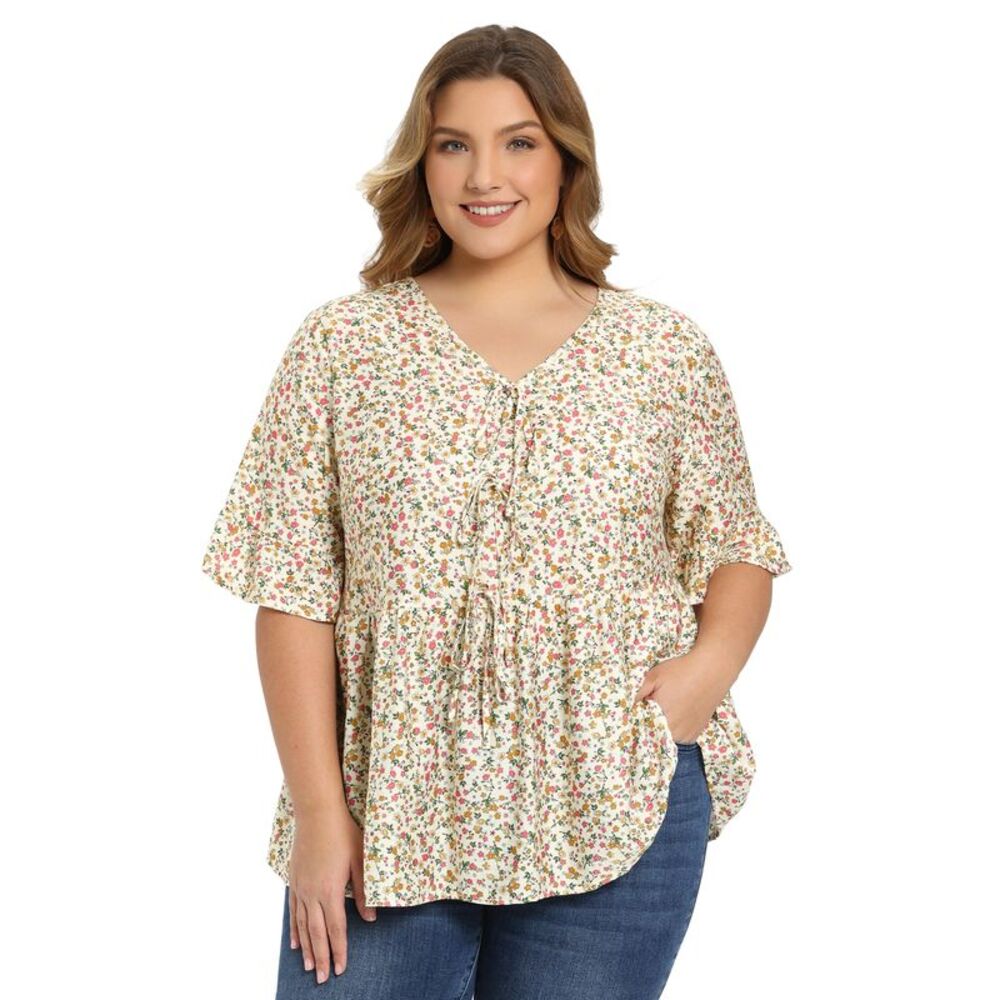 Women Plus Size Ditsy Floral V Neck Tie Peplum Blouse Beige